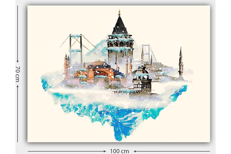 Canvastavla 70x100 cm - Vacker stadssilhuett med historiska byggnader och broar, omgiven av snö och is - Blå / Orange / Grå - Inredning - Tavlor & konst - Canvastavlor