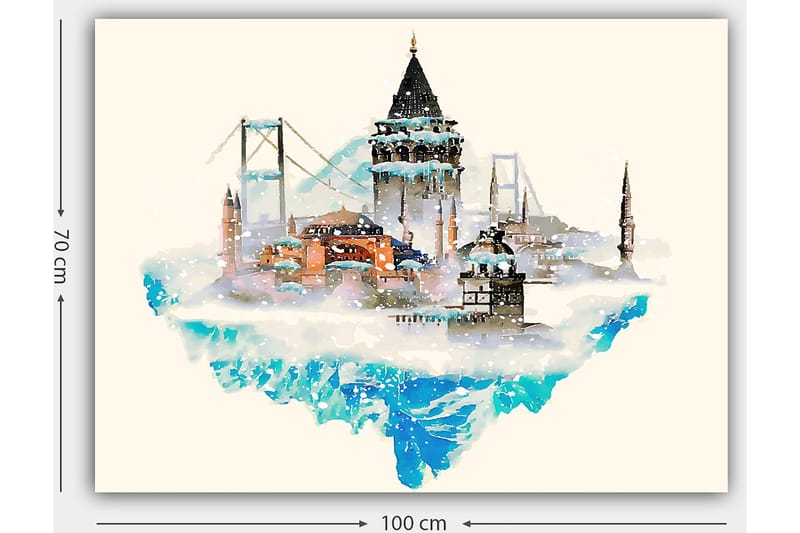 Canvastavla 70x100 cm - Vacker stadssilhuett med historiska byggnader och broar, omgiven av snö och is - Blå / Orange / Grå - Inredning - Tavlor & konst - Canvastavlor