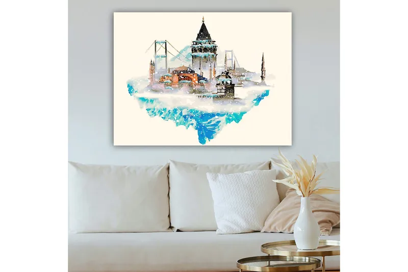 Canvastavla 70x100 cm - Vacker stadssilhuett med historiska byggnader och broar, omgiven av snö och is - Blå / Orange / Grå - Inredning - Tavlor & konst - Canvastavlor