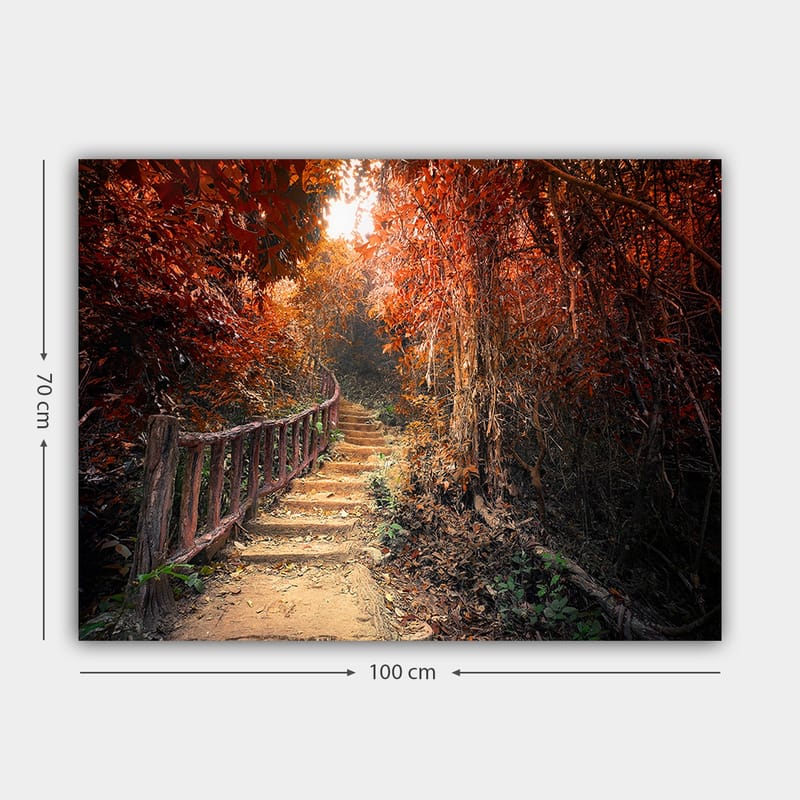 Canvastavla 70x100 cm - Vacker stig omgiven av höstfärger i en skogsmiljö - Röd / Orange / Brun - Inredning - Tavlor & konst - Canvastavlor