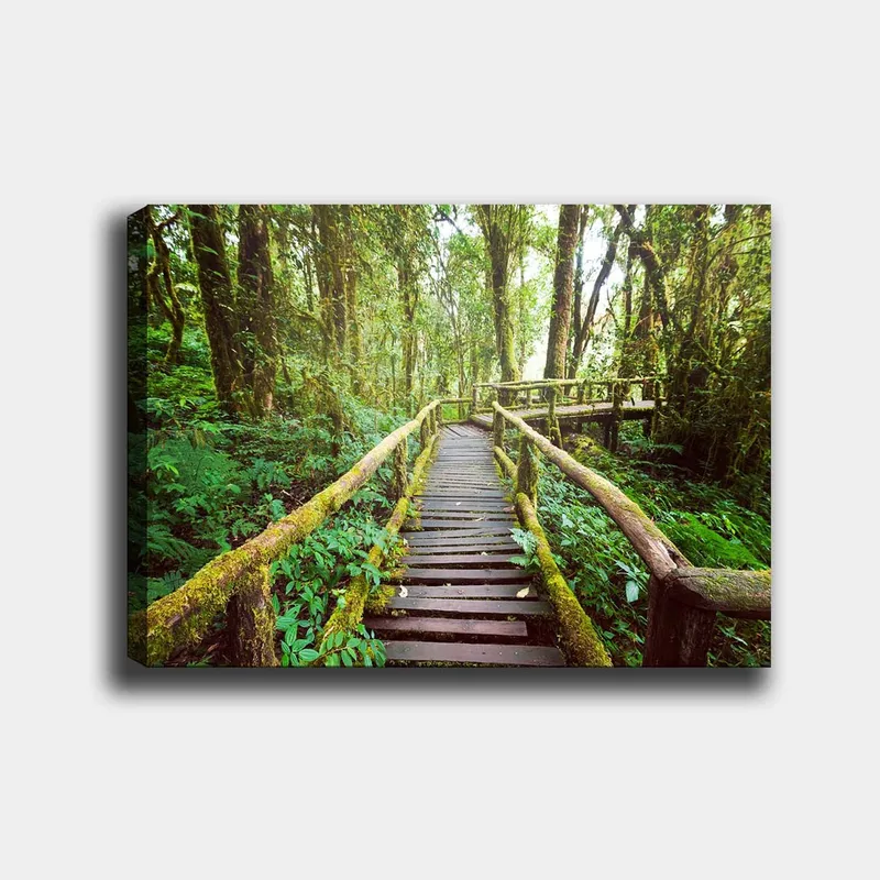 Canvastavla 70x100 cm - Vacker träbro som slingrar sig genom en grönskande regnskog, Grön / Brun / Gulgrön