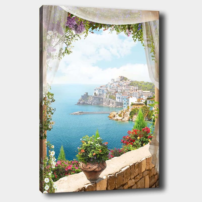 Canvastavla 70x100 cm - Vacker utsikt över en kuststad med färgglada hus och blomstrande växter, sedd genom en öppen fönsteröppning - Blå / Grön / Vit - Inredning - Tavlor & konst - Canvastavlor