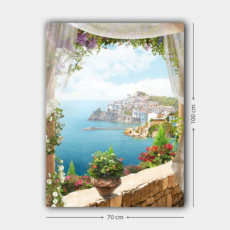 Canvastavla 70x100 cm - Vacker utsikt över en kuststad med färgglada hus och blomstrande växter, sedd genom en öppen fönsteröppning - Blå / Grön / Vit - Inredning - Tavlor & konst - Canvastavlor