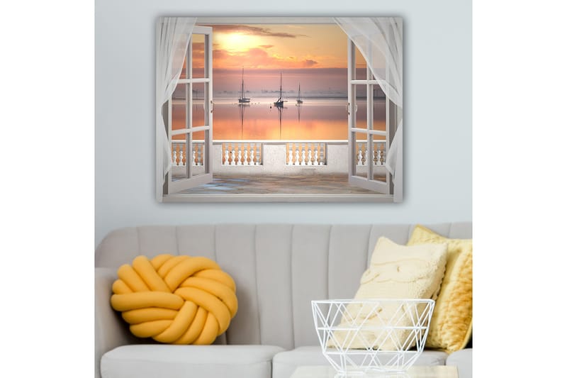 Canvastavla 70x100 cm - Vacker utsikt över en stilla sjö med segelbåtar vid solnedgången - Ljusorange / Rosa / Ljusblå - Inredning - Tavlor & konst - Canvastavlor