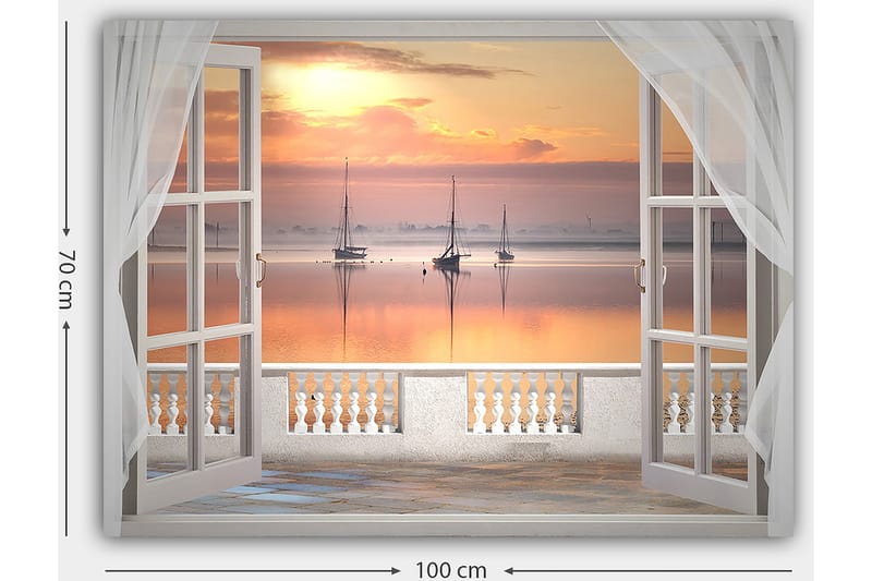 Canvastavla 70x100 cm - Vacker utsikt över en stilla sjö med segelbåtar vid solnedgången - Ljusorange / Rosa / Ljusblå - Inredning - Tavlor & konst - Canvastavlor
