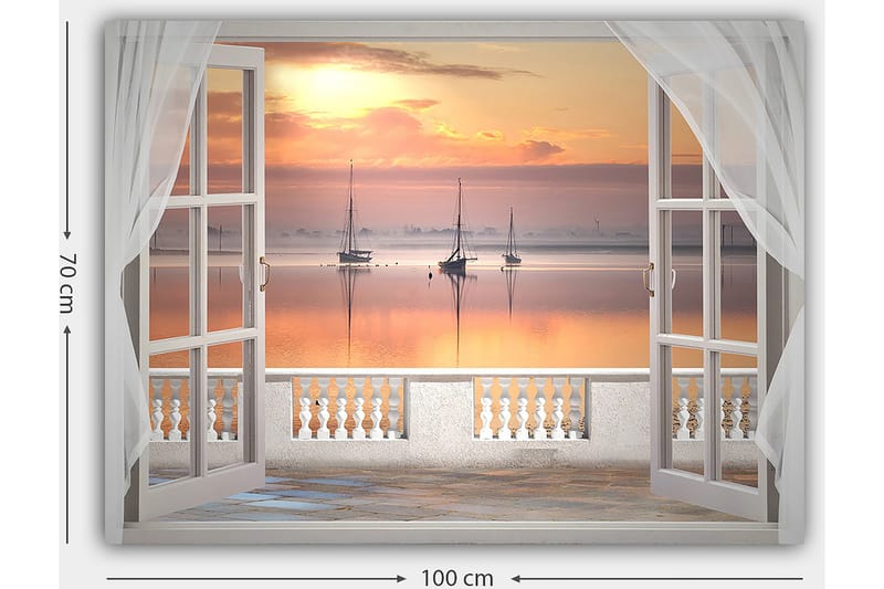 Canvastavla 70x100 cm - Vacker utsikt över en stilla sjö med segelbåtar vid solnedgången - Ljusorange / Rosa / Ljusblå - Inredning - Tavlor & konst - Canvastavlor