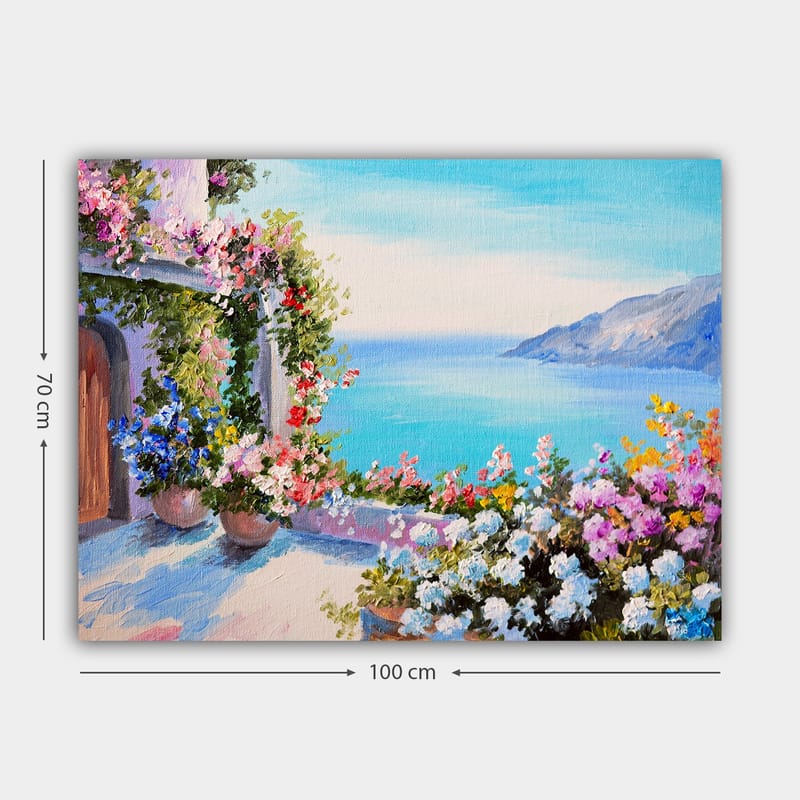 Canvastavla 70x100 cm - Vacker utsikt över havet med blomsterarrangemang i krukor som pryder en terrass - Blå / Grön / Rosa - Inredning - Tavlor & konst - Canvastavlor