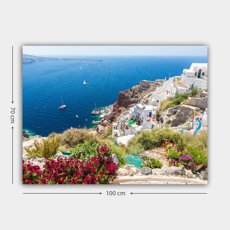 Canvastavla 70x100 cm - Vacker utsikt över Santorini med vita hus och blommor som pryder klipporna vid havet - Blå / Vit / Grön - Inredning - Tavlor & konst - Canvastavlor