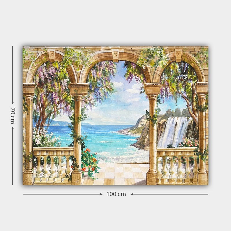 Canvastavla 70x100 cm - Vacker utsikt genom en arkad med hav, vattenfall och frodig vegetation - Blå / Grön / Beige - Inredning - Tavlor & konst - Canvastavlor