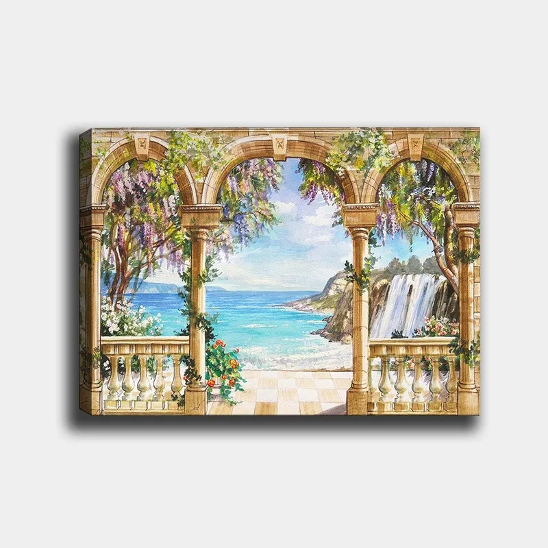 Canvastavla 70x100 cm - Vacker utsikt genom en arkad med hav, vattenfall och frodig vegetation, Blå / Grön / Beige