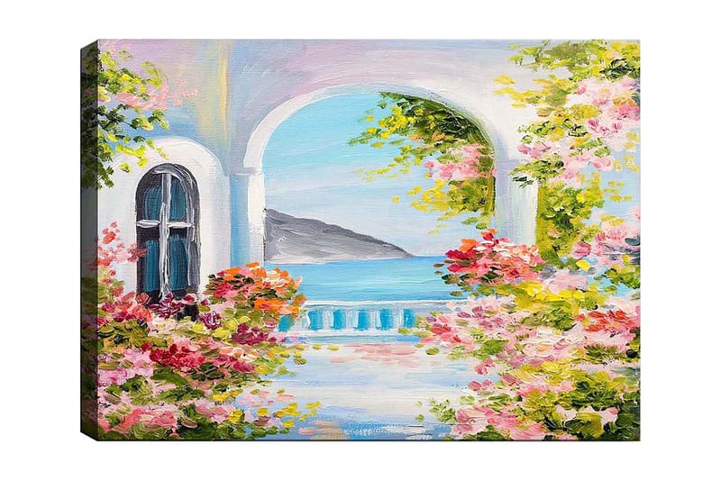 Canvastavla 70x100 cm - Vacker utsikt genom en båge med blommor i förgrunden och havet i bakgrunden, Rosa / Blå / Grön
