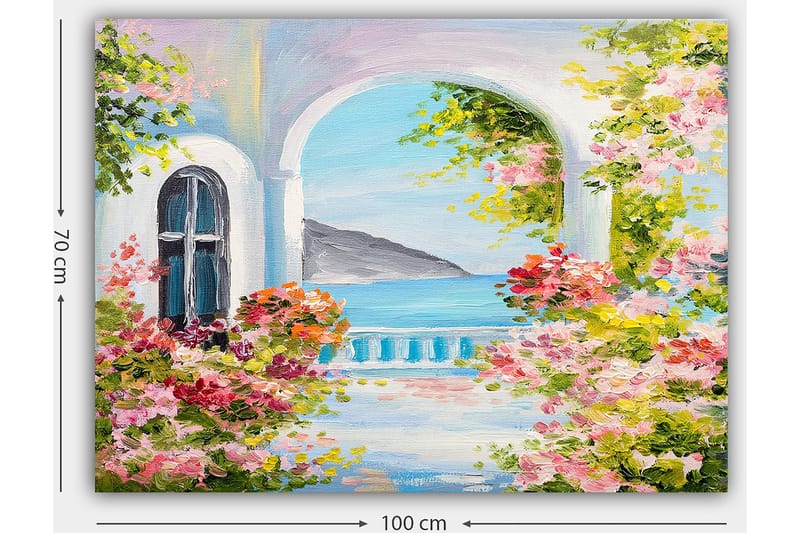 Canvastavla 70x100 cm - Vacker utsikt genom en båge med blommor i förgrunden och havet i bakgrunden - Rosa / Blå / Grön - Inredning - Tavlor & konst - Canvastavlor