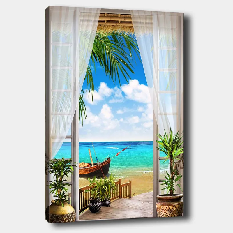 Canvastavla 70x100 cm - Vacker utsikt genom ett fönster med en strand, hav och en båt, Turkos / Blå / Grön