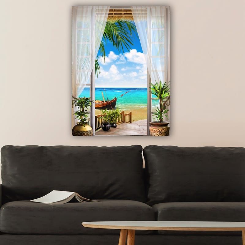 Canvastavla 70x100 cm - Vacker utsikt genom ett fönster med en strand, hav och en båt - Turkos / Blå / Grön - Inredning - Tavlor & konst - Canvastavlor