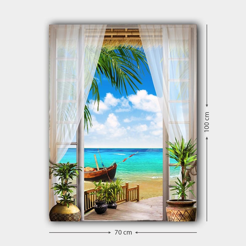 Canvastavla 70x100 cm - Vacker utsikt genom ett fönster med en strand, hav och en båt - Turkos / Blå / Grön - Inredning - Tavlor & konst - Canvastavlor
