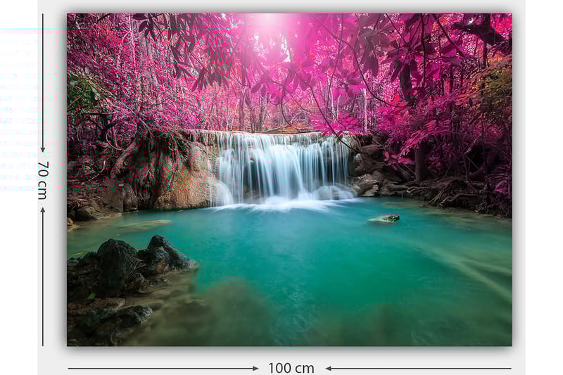 Canvastavla 70x100 cm - Vacker vattenfall omgiven av lila träd och grönskande vegetation - Lila / Turkos - Inredning - Tavlor & konst - Canvastavlor