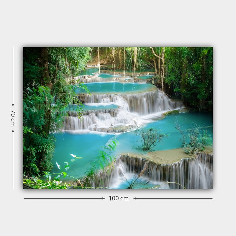 Canvastavla 70x100 cm - Vacker vattenfallscen med flera nivåer av klart, turkost vatten omgiven av grönskande vegetation - Turkos / Grön - Inredning - Tavlor & konst - Canvastavlor