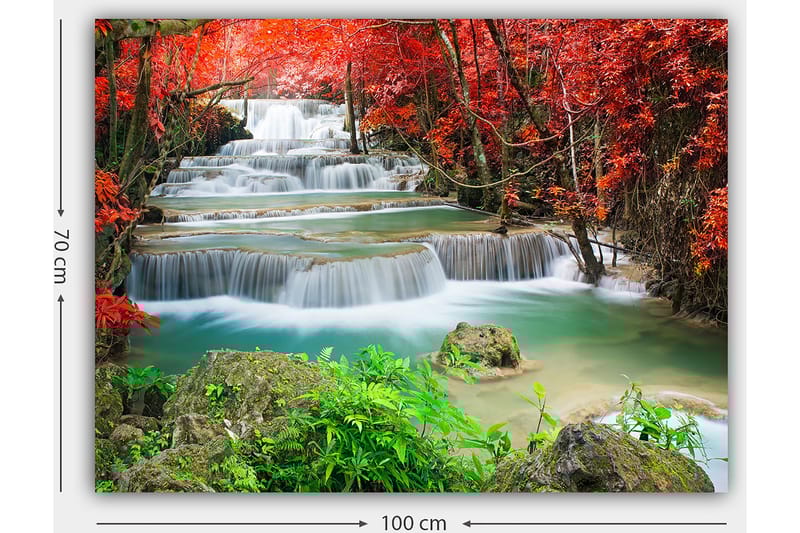 Canvastavla 70x100 cm - Vacker vattenfallsscen omgiven av färgglada höstlöv - Röd / Grön / Blå - Inredning - Tavlor & konst - Canvastavlor