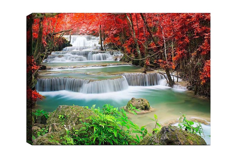 Canvastavla 70x100 cm - Vacker vattenfallsscen omgiven av färgglada höstlöv, Röd / Grön / Blå
