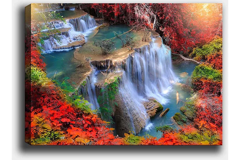 Canvastavla 70x100 cm - Vacker vattenfallsscen omgiven av färgglada höstlöv - Röd / Grön / Blå - Inredning - Tavlor & konst - Canvastavlor
