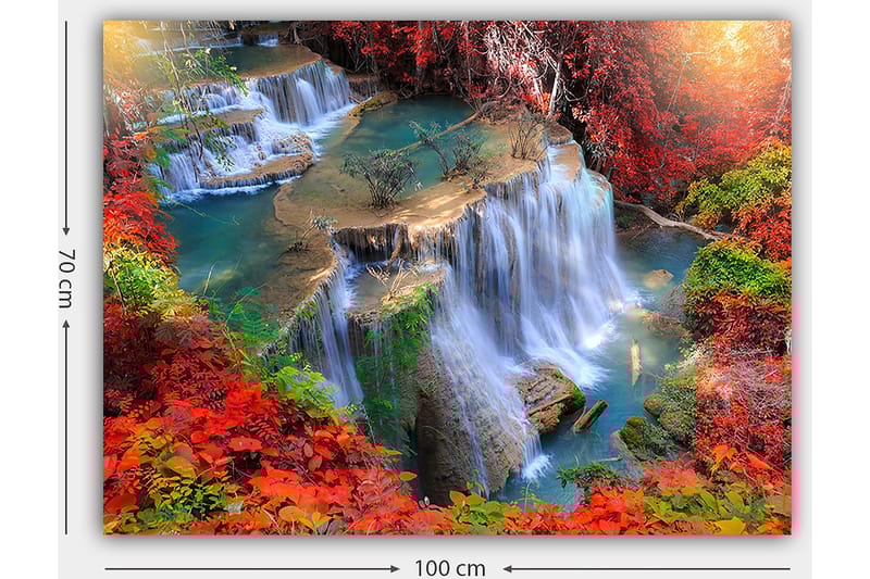 Canvastavla 70x100 cm - Vacker vattenfallsscen omgiven av färgglada höstlöv - Röd / Grön / Blå - Inredning - Tavlor & konst - Canvastavlor