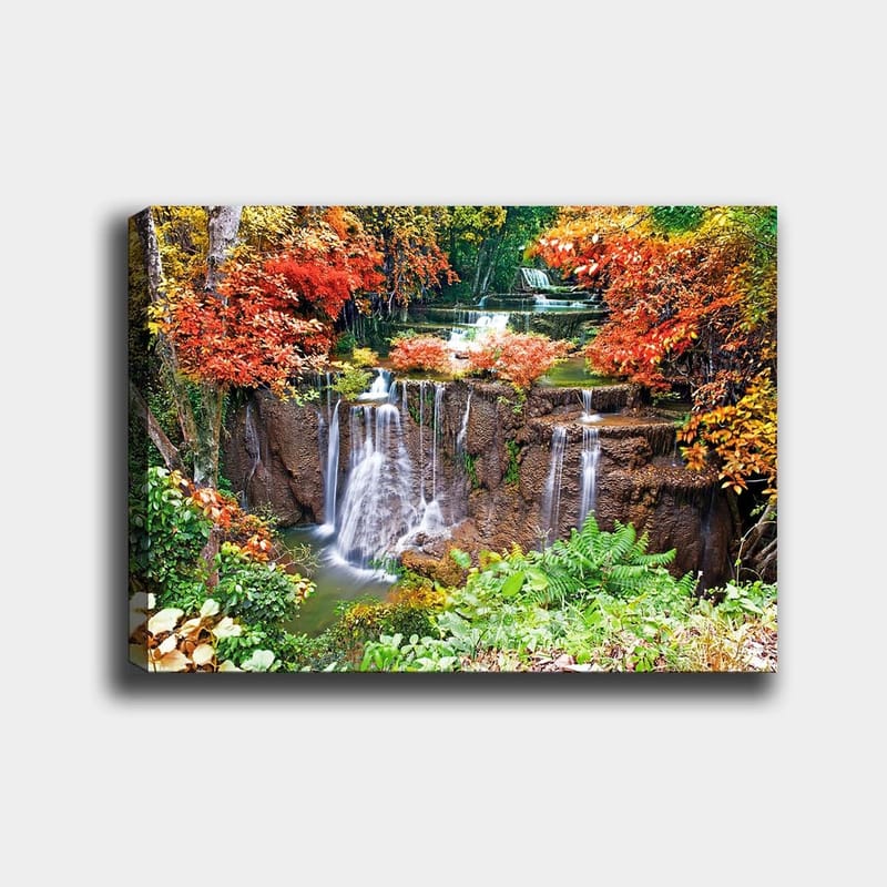 Canvastavla 70x100 cm - Vacker vattenfallsscen omgiven av färgglada höstlöv, Röd / Grön / Brun