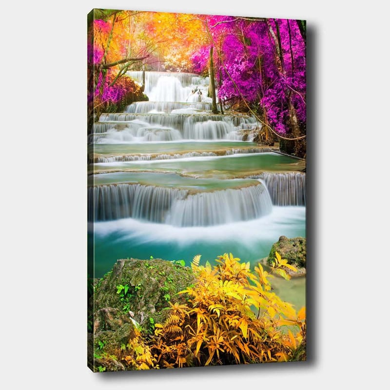 Canvastavla 70x100 cm - Vacker vattenfallsscen omgiven av färgglada träd och växter, Lila / Grön / Orange
