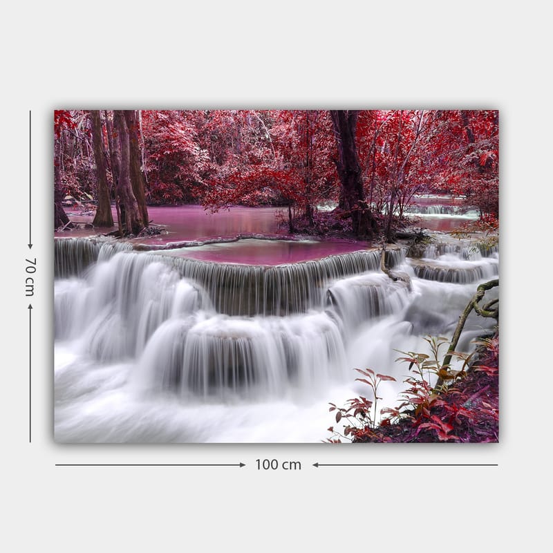Canvastavla 70x100 cm - Vacker vattenfallsscen omgiven av färgglada träd och växtlighet - Röd / Lila / Vit - Inredning - Tavlor & konst - Canvastavlor