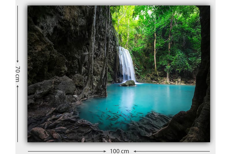 Canvastavla 70x100 cm - Vacker vattenfallsscen omgiven av frodig grönska och klart turkost vatten - Turkos / Grön / Grå - Inredning - Tavlor & konst - Canvastavlor