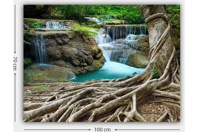 Canvastavla 70x100 cm - Vacker vattenfallsscen omgiven av frodig grönska och kraftiga trädstammar - Grön / Blå / Brun - Inredning - Tavlor & konst - Canvastavlor