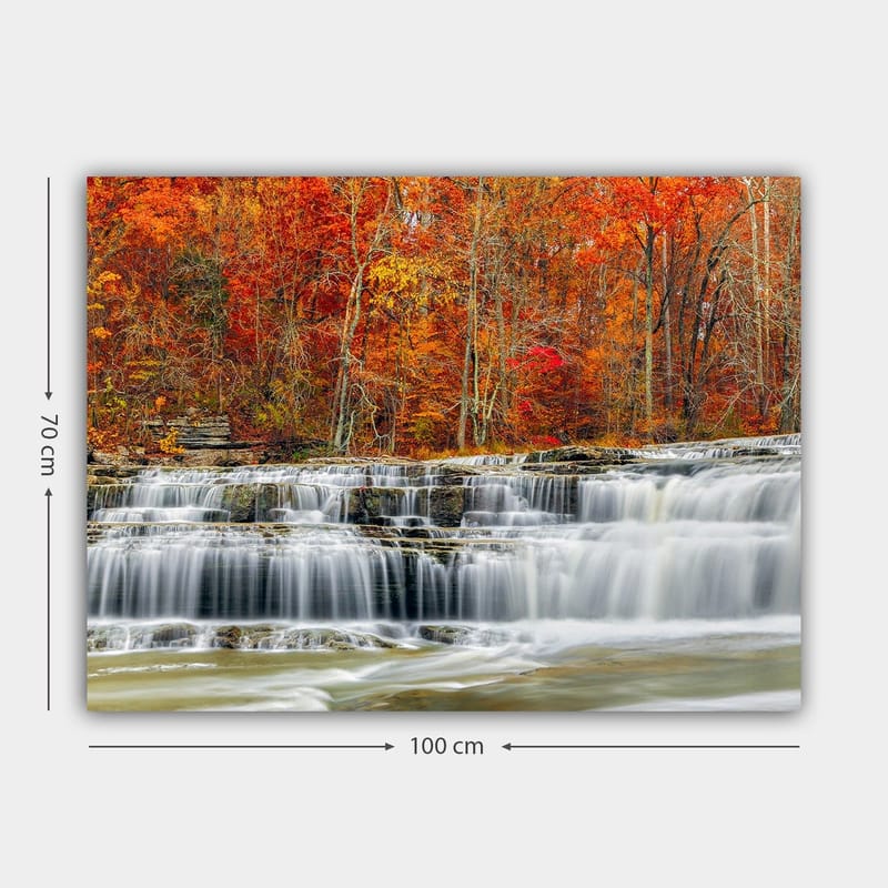 Canvastavla 70x100 cm - Vacker vattenfallsscen omgiven av höstfärger i röd och orange nyans - Röd / Orange / Grå - Inredning - Tavlor & konst - Canvastavlor