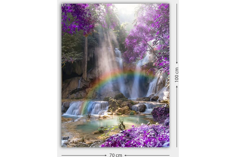 Canvastavla 70x100 cm - Vacker vattenfallsscen omgiven av lila blommor och en regnbåge - Lila / Blå / Grön - Inredning - Tavlor & konst - Canvastavlor