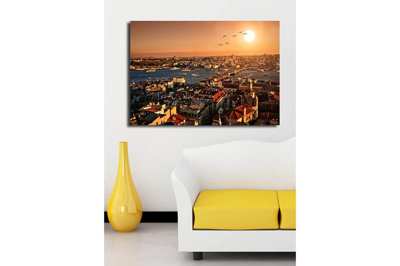 Canvastavla 70x100 cm - Vacker vy över Istanbul vid solnedgång, med takåsar och båtar på vattnet - Orange / Röd / Blå - Inredning - Tavlor & konst - Canvastavlor