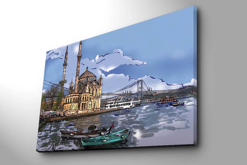 Canvastavla 70x100 cm - Vacker vy av en historisk byggnad vid vattnet med båtar i förgrunden och en bro i bakgrunden - Blå / Beige / Grön - Inredning - Tavlor & konst - Canvastavlor