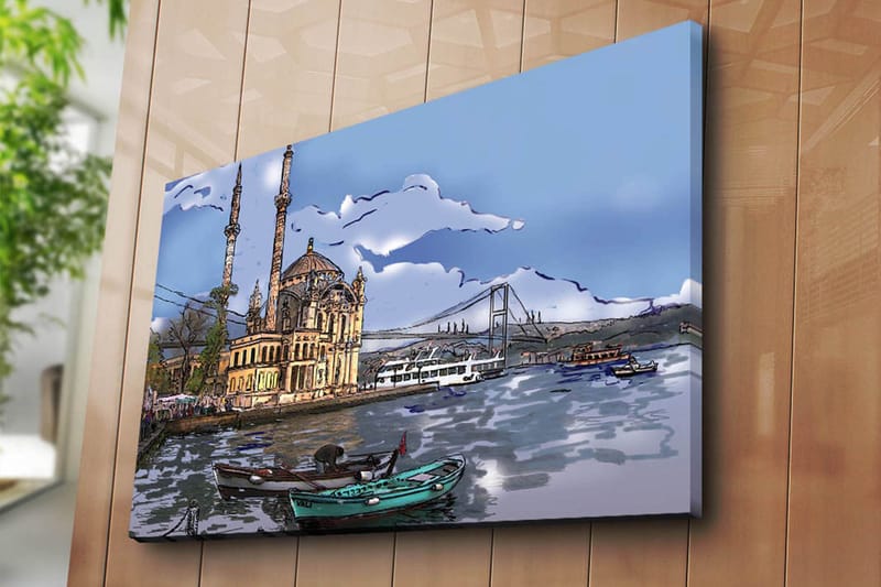 Canvastavla 70x100 cm - Vacker vy av en historisk byggnad vid vattnet med båtar i förgrunden och en bro i bakgrunden - Blå / Beige / Grön - Inredning - Tavlor & konst - Canvastavlor