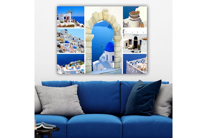Canvastavla 70x100 cm - Vacker vy av Santorini med vita hus och blå kupoler mot havet - Blå / Vit / Beige - Inredning - Tavlor & konst - Canvastavlor