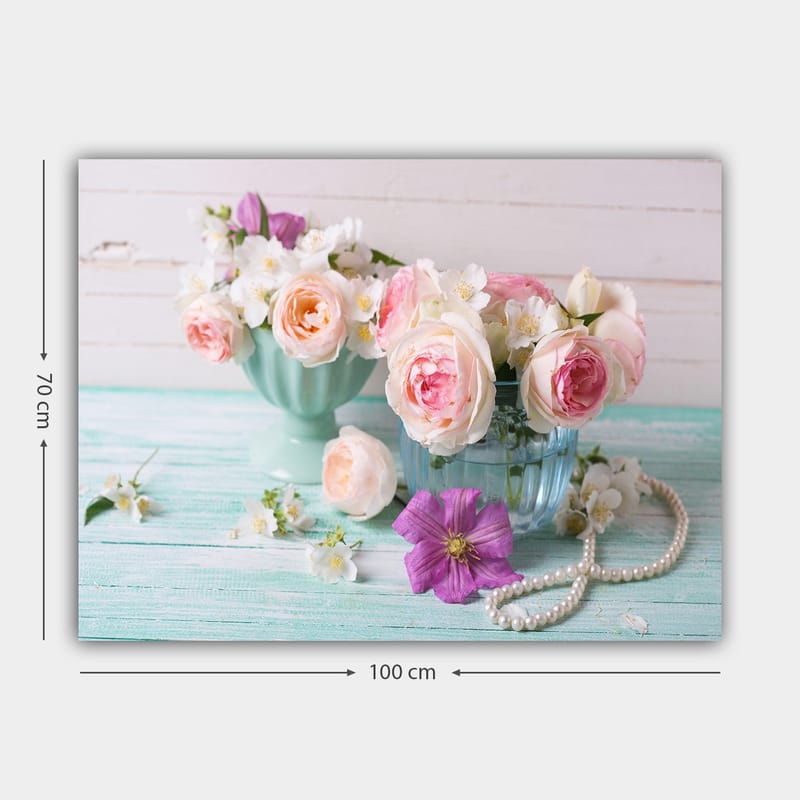 Canvastavla 70x100 cm - Vackra blommor i pastellfärgade skålar med en romantisk känsla - Ljusrosa / Mintgrön / Lila - Inredning - Tavlor & konst - Canvastavlor