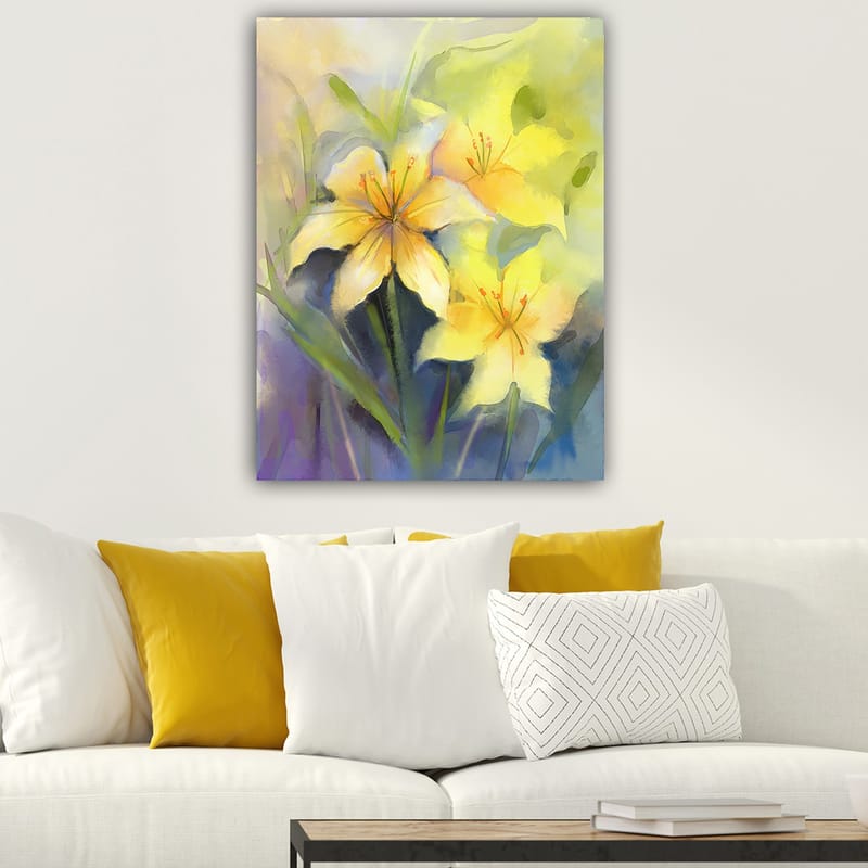 Canvastavla 70x100 cm - Vackra gula liljor i en mjuk och färgglad komposition - Gul / Grön / Lila - Inredning - Tavlor & konst - Canvastavlor