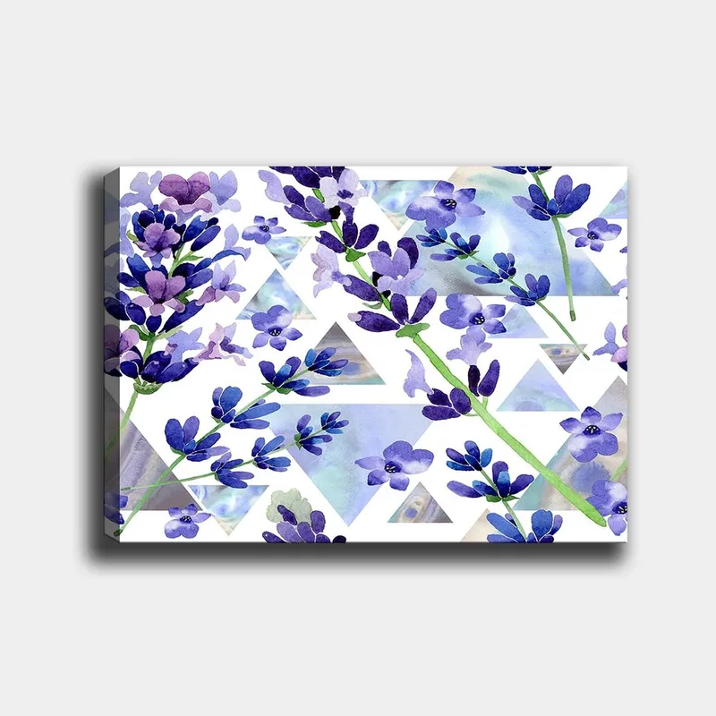 Canvastavla 70x100 cm - Vackra lavendelblommor i en modern geometrisk komposition - Lila / Grön / Blå - Inredning - Tavlor & konst - Canvastavlor