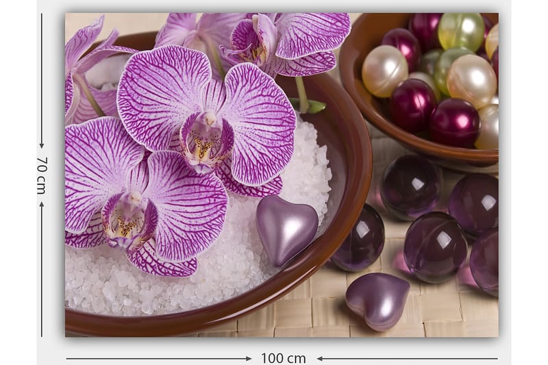Canvastavla 70x100 cm - Vackra orkidéer i en skål med dekorationselement - Lila / Vit / Rosa - Inredning - Tavlor & konst - Canvastavlor