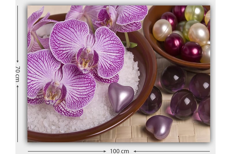 Canvastavla 70x100 cm - Vackra orkidéer i en skål med dekorationselement - Lila / Vit / Rosa - Inredning - Tavlor & konst - Canvastavlor