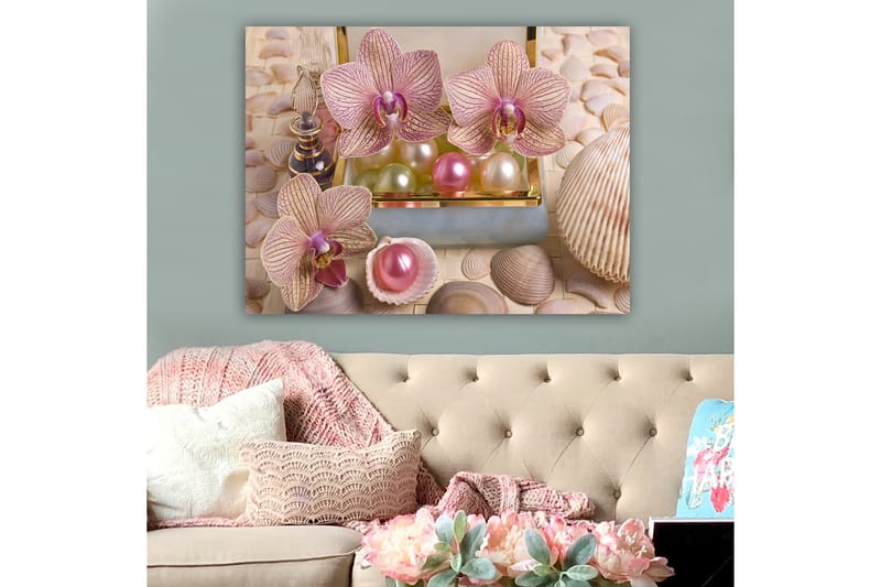 Canvastavla 70x100 cm - Vackra orkidéer och pärlor i en elegant ask - Ljusrosa / Grön / Pärlemorvit - Inredning - Tavlor & konst - Canvastavlor