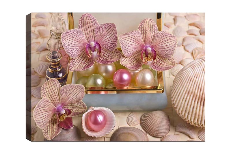 Canvastavla 70x100 cm - Vackra orkidéer och pärlor i en elegant ask - Ljusrosa / Grön / Pärlemorvit - Inredning - Tavlor & konst - Canvastavlor
