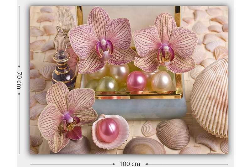 Canvastavla 70x100 cm - Vackra orkidéer och pärlor i en elegant ask - Ljusrosa / Grön / Pärlemorvit - Inredning - Tavlor & konst - Canvastavlor