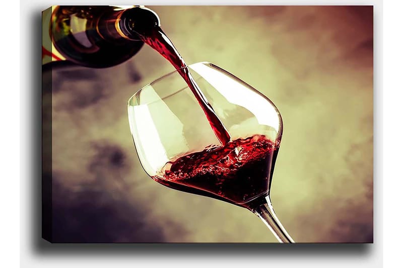 Canvastavla 70x100 cm - Vinflaska hälls i ett glas med rödvin som skapar en elegant och inbjudande atmosfär - Röd / Grön / Gul - Inredning - Tavlor & konst - Canvastavlor