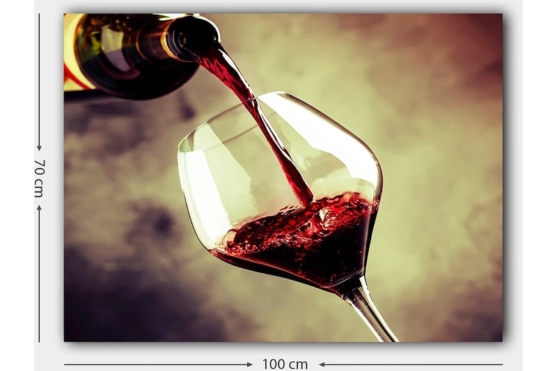 Canvastavla 70x100 cm - Vinflaska hälls i ett glas med rödvin som skapar en elegant och inbjudande atmosfär - Röd / Grön / Gul - Inredning - Tavlor & konst - Canvastavlor