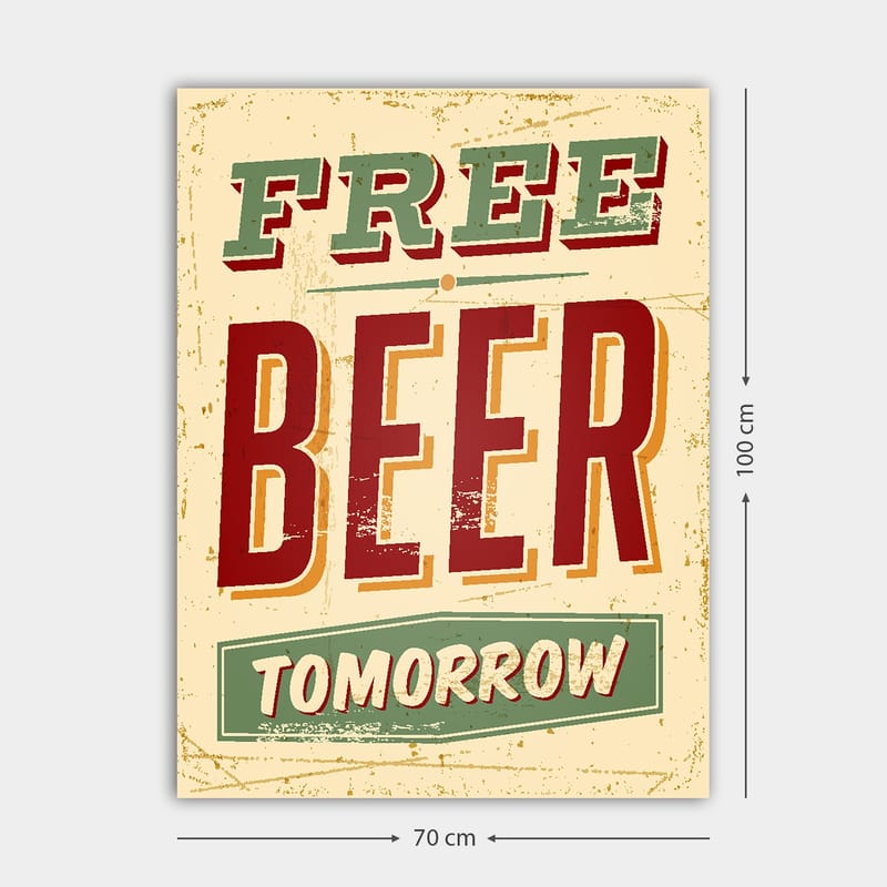 Canvastavla 70x100 cm - Vintage affisch med texten FREE BEER TOMORROW i en lekfull och rustik stil - Röd / Grön / Beige - Inredning - Tavlor & konst - Canvastavlor