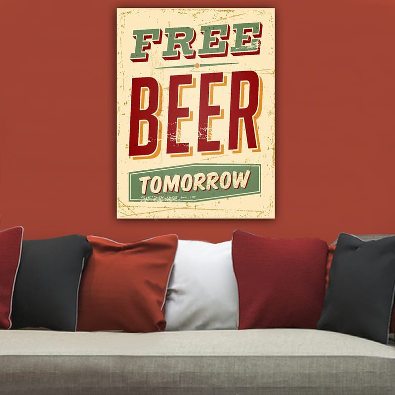Canvastavla 70x100 cm - Vintage affisch med texten FREE BEER TOMORROW i en lekfull och rustik stil - Röd / Grön / Beige - Inredning - Tavlor & konst - Canvastavlor
