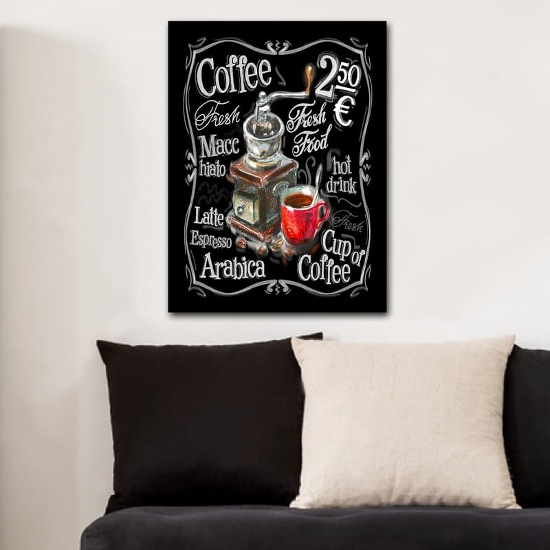 Canvastavla 70x100 cm - Vintage kaffekvarn med en röd kopp kaffe framför sig - Röd / Brun / Svart - Inredning - Tavlor & konst - Canvastavlor