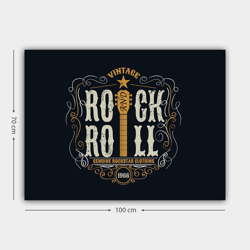 Canvastavla 70x100 cm - Vintage rock and roll-design med en gitarr och dekorativa element - Mörkblå / Beige / Vit - Inredning - Tavlor & konst - Canvastavlor